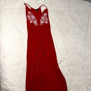 Red Maxi Dress with White Embroidered Floral Detail